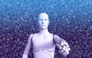 Humanoid robot mannequin extending its arm toward the viewer against a blue digital matrix background.