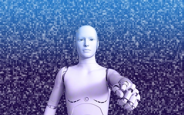 Humanoid robot mannequin extending its arm toward the viewer against a blue digital matrix background.