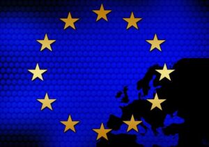 European Union flag motif: circle of 12 gold stars on a blue background with a Europe map silhouette on the right side.