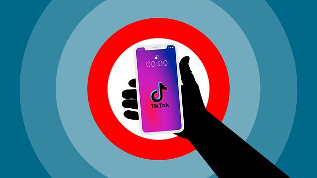 Silhouette hand holding a smartphone displaying the TikTok logo, in front of a red circular target on a blue multi-ring background.