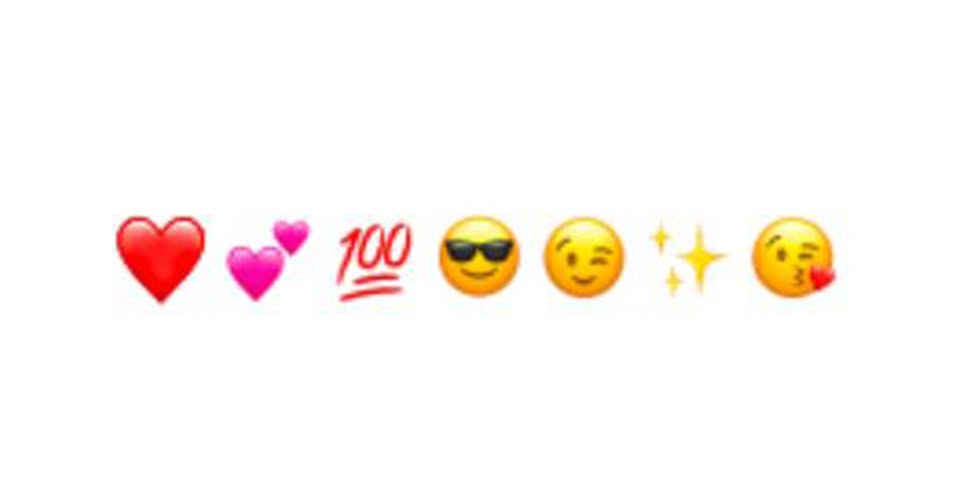 Sequence of emojis: red heart, pink heart, 100, smiling face with sunglasses, winking face, sparkles, blowing a kiss — conveying love, confidence, and playfulness when used together.