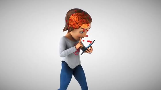 Cartoon girl-looking figure using a smartphone, with small red hearts floating from the screen indicating messaging or affection.