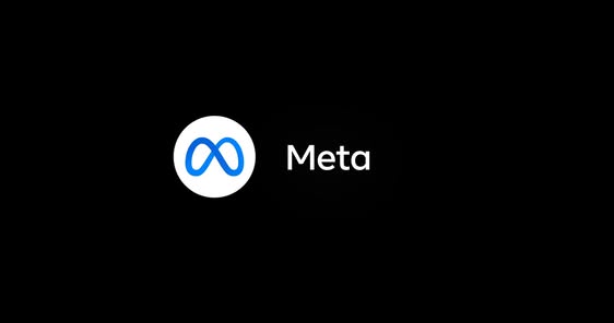 Meta logo on a black background: white circle with a blue infinity-like symbol and the word Meta to the right