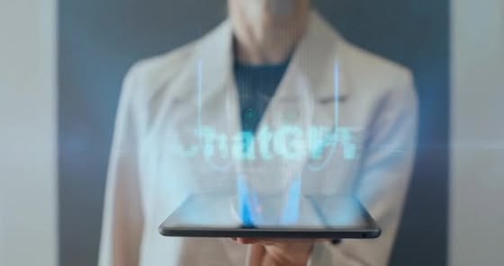 Professional in a light blazer presents a tablet with a glowing holographic word 'Watch' projected above it.