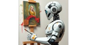 White humanoid robot painting with a brush on a canvas of a girl in a red dress, mounted on an easel indoors with paint splatters nearby.