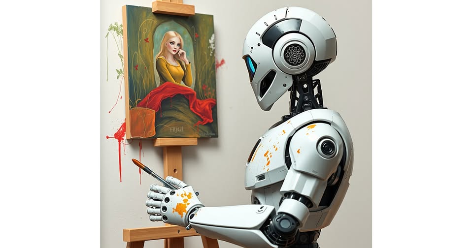 White humanoid robot painting with a brush on a canvas of a girl in a red dress, mounted on an easel indoors with paint splatters nearby.