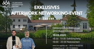 Event poster for Exklusives Afterwork Networking-Event in Heilbronn; features two hosts Claudiu Bodan and Ralph Kober, venue Restaurant 1879 Trappensee, date 18.09.2025, 18:30–22:00, with sponsor logos and contact details.