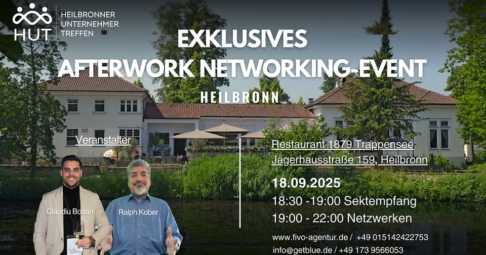 Event poster for Exklusives Afterwork Networking-Event in Heilbronn; features two hosts Claudiu Bodan and Ralph Kober, venue Restaurant 1879 Trappensee, date 18.09.2025, 18:30–22:00, with sponsor logos and contact details.