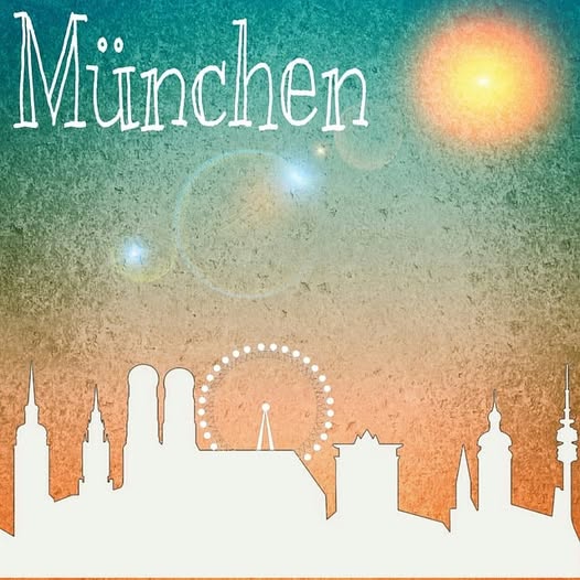Stylized white Munich skyline at sunset with two church towers, a ferris wheel, and 'München' handwritten text.