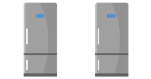 Pair of identical gray double-door refrigerators side by side with top display panels and vertical handles