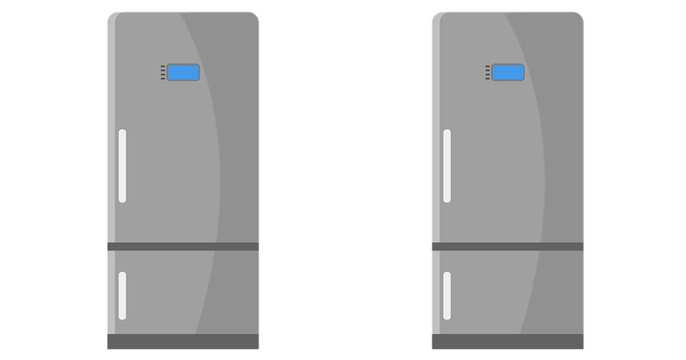 Pair of identical gray double-door refrigerators side by side with top display panels and vertical handles