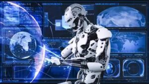 Robot in a high-tech control room manipulating a holographic globe and multiple space-themed data panels