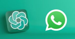 WhatsApp logo beside a teal geometric flower-like app icon on a green background (tech/messaging theme)
