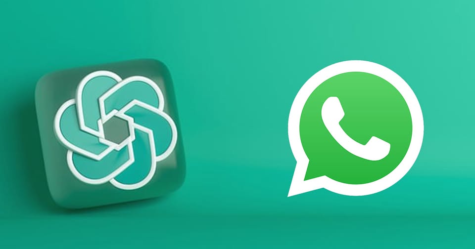 WhatsApp logo beside a teal geometric flower-like app icon on a green background (tech/messaging theme)