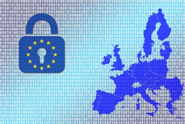 Blue EU padlock with stars beside a digital Europe map on a binary data backdrop, symbolizing EU data security and privacy.