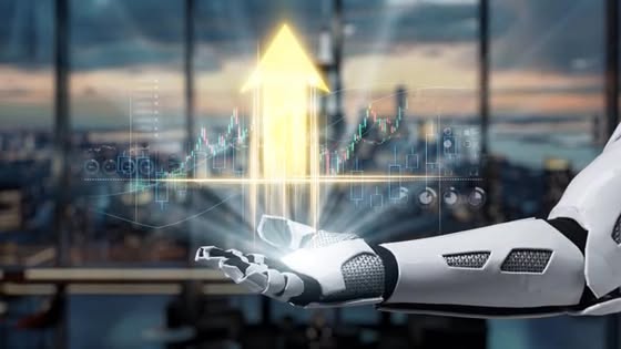 Robotic arm reaching toward a glowing upward arrow with holographic stock data over a city skyline, signaling growth and tech progress.