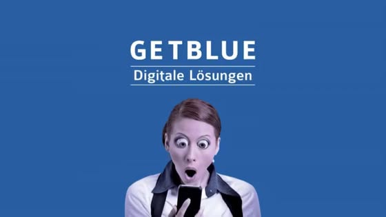 GETBLUE Digitale Lösungen logo on a blue background above a surprised woman looking at her smartphone.