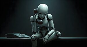 Humanoid robot sitting on a desk, holding a red telephone receiver with a landline phone and keyboard nearby.