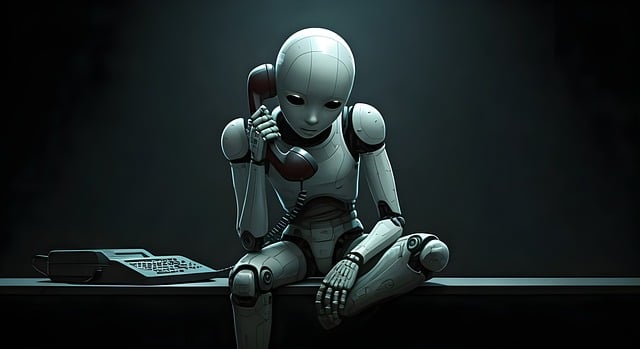 Humanoid robot sitting on a desk, holding a red telephone receiver with a landline phone and keyboard nearby.