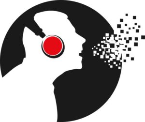 Silhouette of a person wearing a headset with a red earcup inside a black circle, with pixel blocks dispersing to the right, symbolizing digital support or call center communication.