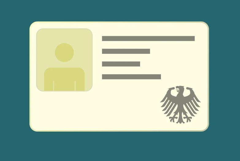 ID card with a photo placeholder, three text lines, and a decorative eagle emblem on the right side.