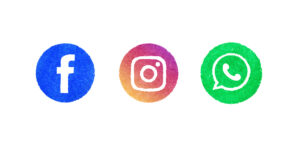 Row of social media icons: Facebook (blue circle), Instagram (pink/orange gradient circle), and WhatsApp (green circle).