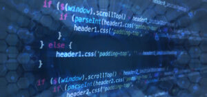 Blue tech background with glowing code snippets and a hexagonal grid, conveying software development concepts.
