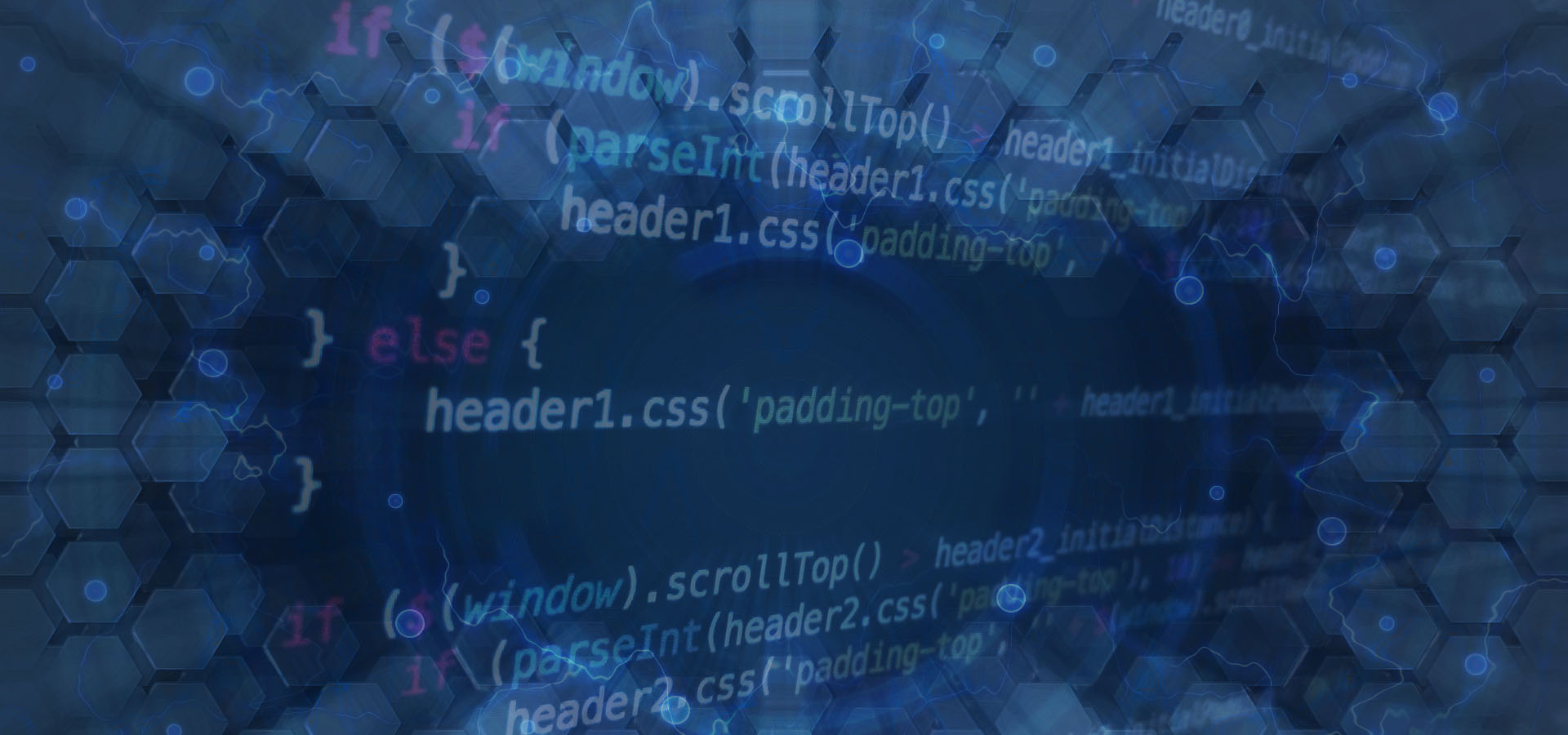 newheader_homepage2 Blue abstract tech background featuring overlaid code-like text and a hexagonal grid pattern, conveying a programming/technology theme.
