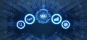 Blue futuristic SEO infographic with a central 'SEO' label and circular icons for search, analytics, growth, and strategy in a tech design.