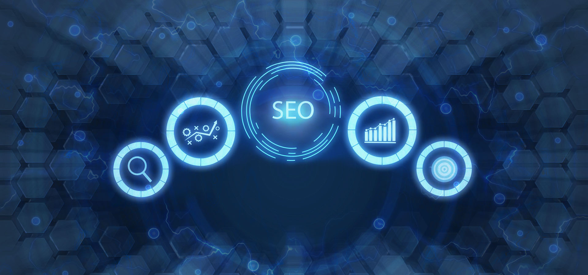 newheader_seo Blue futuristic SEO infographic with a central 'SEO' label and circular icons for search, analytics, growth, and strategy in a tech design.