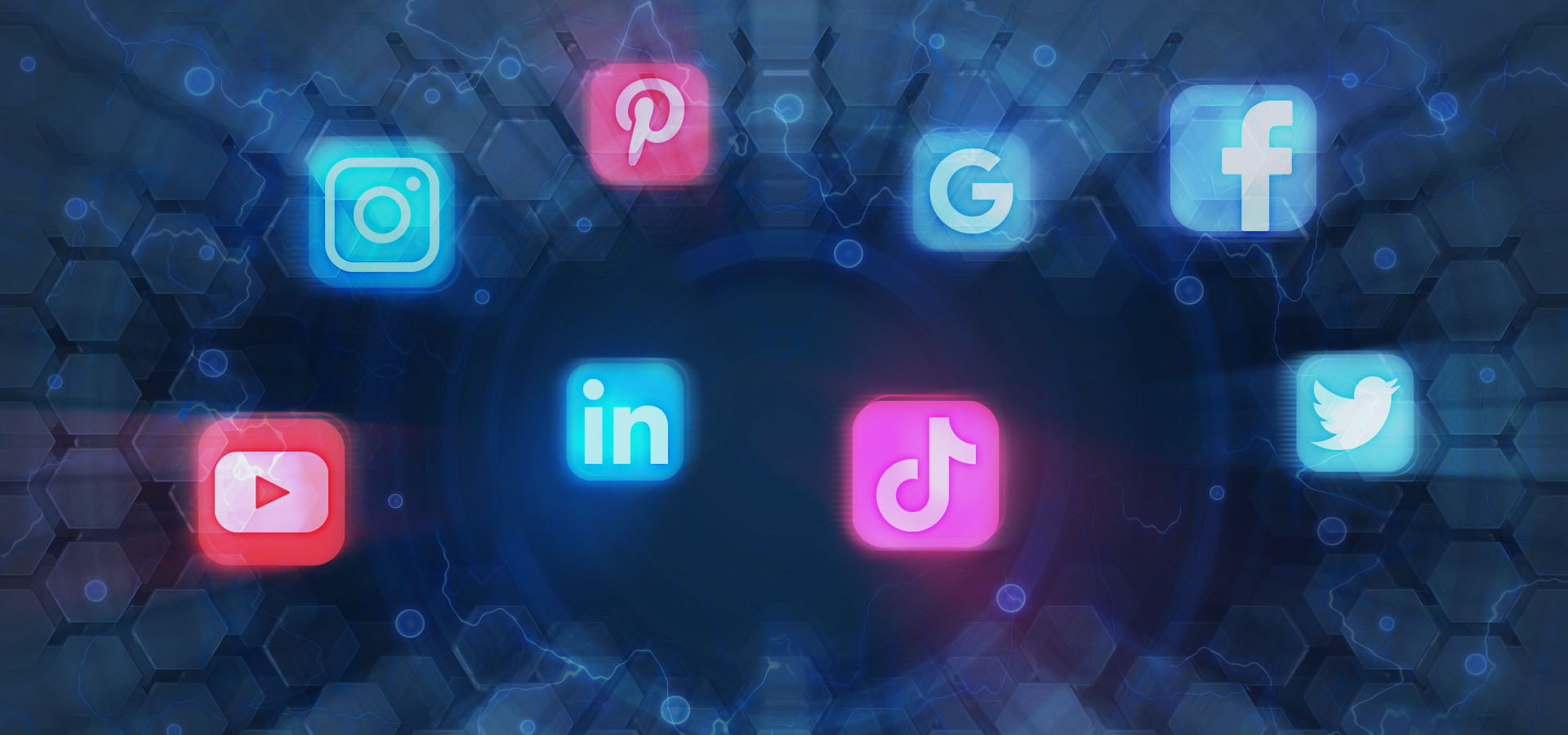 newheader_socialmedia Neon glowing social media icons (Instagram, Pinterest, Google, Facebook, LinkedIn, TikTok, YouTube, Twitter) on a futuristic blue background.