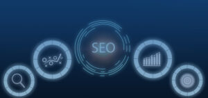 Abstract blue tech graphic with a glowing central 'SEO' hub and surrounding circles representing search and analytics.