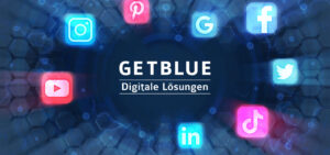 Brand banner for GetBlue with social icons and the text 'Digitale Lösungen'.