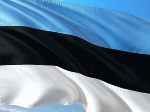 Estonian flag waving in the wind with blue on top, black in the middle, and white on the bottom.